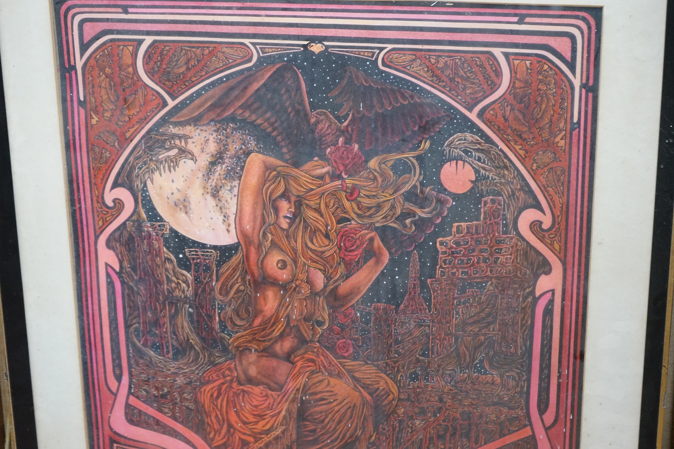 1970's School, mixed media and ink, Semi-nude woman before a surreal landscape, inscribed verso, 76 x 53cm. Condition - fair